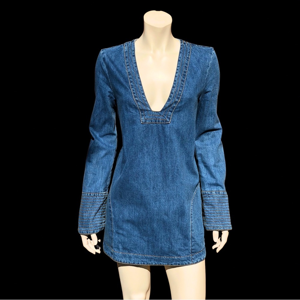 FREE PEOPLE Denim Bell Sleeve Tunic Top Mini Dress with Pockets S